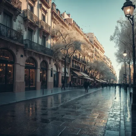 (((An einer Allee mit der La Rambla im Hintergrund))), surreale Traumlandschaft, Gedämpfte Töne, 4k Komplexe Details, Aufgenommen mit Olympus, 90 mm Foto, Weicher Fokus, traumhafte Qualität, Briefkasten, jenseitig, wunderlich, körnig, weiche Textur, High-Key-Fotografie, sanfte Beleuchtung, surreales Gefühl, verträumtes Ambiente, Fantasie hervorheben, Wunder schaffen, Träume erwecken, Visuelle Fantasie, Künstlerische Technik, sanfte Beleuchtung, Traumhafter Ansatz, Fantasievolles Styling, surreale visuelle, Verträumte Geschichte, Intricate Surrealismus, Fantasielandschaft, Redaktions Traum, sanfte Beleuchtung, Traumhafte Emotionen, fantasievolle Kreativität 