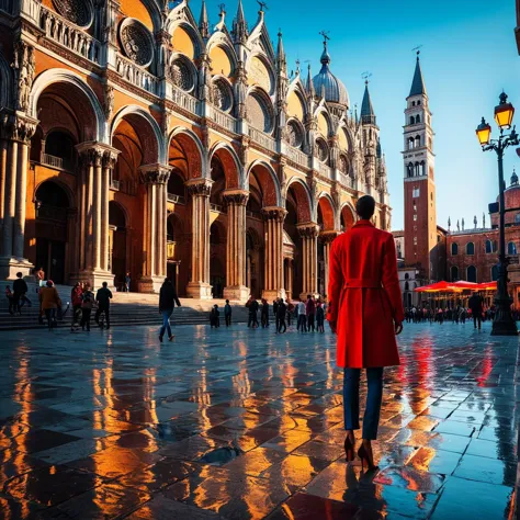 (((In a plaza with the St Marks Basilica in the background))), Bold Primary Colors, High Contrast, 4k Ultra Sharp, Captured on N...