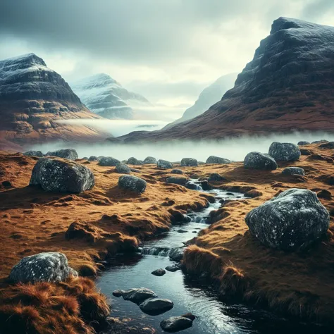 (((Durch die schottischen Highlands mit nebligen Bergen))), surreale Traumlandschaft, Gedämpfte Töne, 4k Komplexe Details, Aufgenommen mit Olympus, 90 mm Foto, Weicher Fokus, traumhafte Qualität, Briefkasten, jenseitig, wunderlich, körnig, weiche Textur, High-Key-Fotografie, sanfte Beleuchtung, surreales Gefühl, verträumtes Ambiente, Fantasie hervorheben, Wunder schaffen, Träume erwecken, Visuelle Fantasie, Künstlerische Technik, sanfte Beleuchtung, Traumhafter Ansatz, Fantasievolles Styling, surreale visuelle, Verträumte Geschichte, Intricate Surrealismus, Fantasielandschaft, Redaktions Traum, sanfte Beleuchtung, Traumhafte Emotionen, fantasievolle Kreativität 