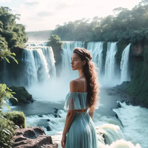 (((By a river with the Iguazu Falls in the background))), Pastel Aesthetic, Soft Glow, 4k Ultra Sharp, Captured on Fujifilm, 120...