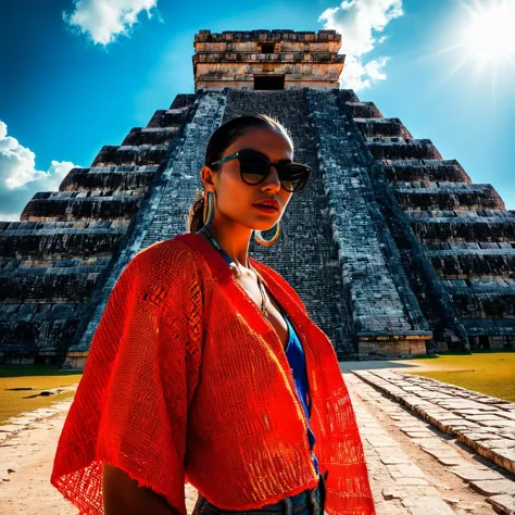 (((In front of the Chichen Itza pyramid in Mexico))), Bold Primary Colors, High Contrast, 4k Ultra Sharp, Captured on Nikon, 85m...
