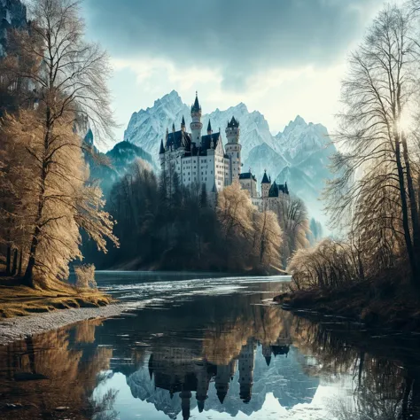 (((An einem Fluss mit Schloss Neuschwanstein im Hintergrund))), surreale Traumlandschaft, Gedämpfte Töne, 4k Komplexe Details, Aufgenommen mit Olympus, 90 mm Foto, Weicher Fokus, traumhafte Qualität, Briefkasten, jenseitig, wunderlich, körnig, weiche Textur, High-Key-Fotografie, sanfte Beleuchtung, surreales Gefühl, verträumtes Ambiente, Fantasie hervorheben, Wunder schaffen, Träume erwecken, Visuelle Fantasie, Künstlerische Technik, sanfte Beleuchtung, Traumhafter Ansatz, Fantasievolles Styling, surreale visuelle, Verträumte Geschichte, Intricate Surrealismus, Fantasielandschaft, Redaktions Traum, sanfte Beleuchtung, Traumhafte Emotionen, fantasievolle Kreativität 