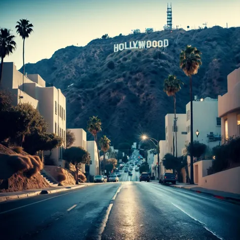 (((On a street with the Hollywood Sign in the background))), Surreal Dreamscape, Muted Tones, 4k Intricate Detail, Shot on Olymp...