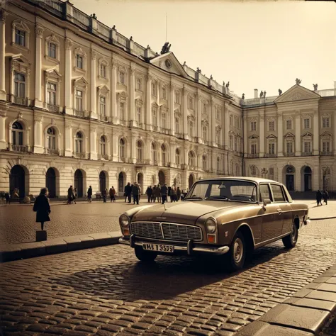 (((In a square with the Hermitage Museum in the background))), Vintage Sepia, Faded Colors, 4k Rich Detail, Captured on Rolleifl...
