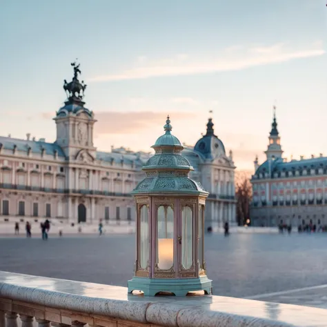 (((In a plaza with the Royal Palace of Madrid in the background))), Soft Pastel Tones, Muted Colors, 4k Crisp Detail, Captured o...
