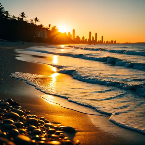 (((Em uma praia com a Gold Coast Beach ao fundo))), Hora dourada, tons quentes, Alta resolução 4K, Capturado em Hasselblad, Foto 60mm, Foco Radiante, brilho dourado, Proporção Cinematográfica, luminoso, sereno, cores ricas, Grão macio, textura quente, Hora dourada Photography, iluminação suave, sensação de paz, Ambiente Radiante, Enfatizando o Calor, Criando Serenidade, Evocando calma, calor visual, técnica artística, iluminação quente, Conceito ensolarado, estilo natural, Radiant Visual, História Pacífica, Calor detalhado, Paisagem do pôr do sol, Editorial Calma, iluminação suave, Emoção calorosa, Paz Artística 