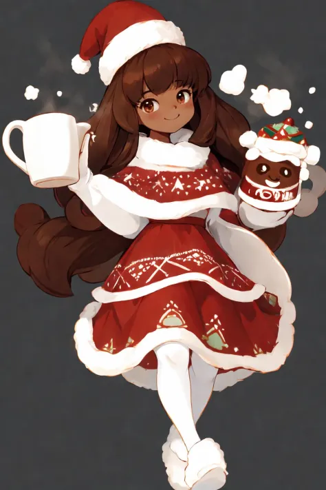 anime girl in a red dress holding a cup of coffee and a cake