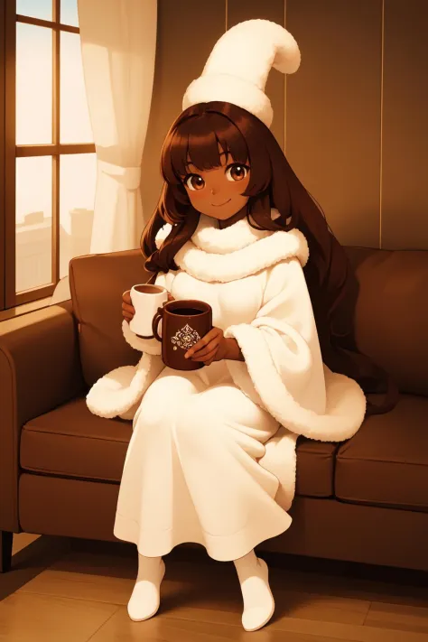 a close up of a person sitting on a couch holding a cup