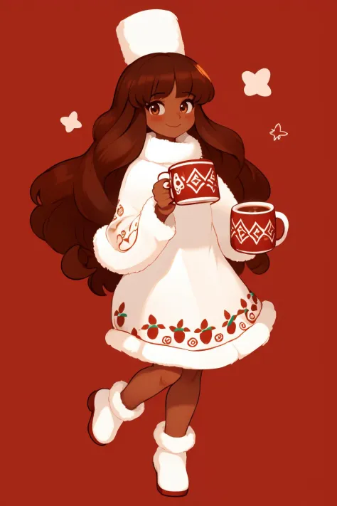 a cartoon girl in a white dress holding a cup of coffee