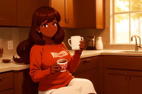 anime girl sitting on counter holding a cup of coffee