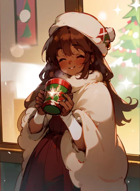 anime girl holding a cup of coffee in front of a christmas tree