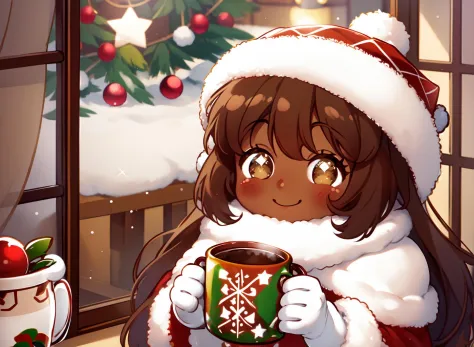 anime girl in a santa outfit holding a cup of coffee