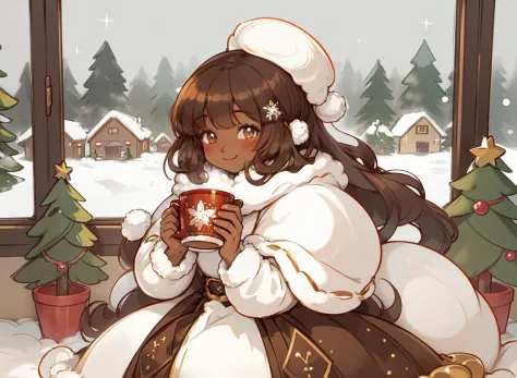 anime girl in a white dress holding a cup of coffee