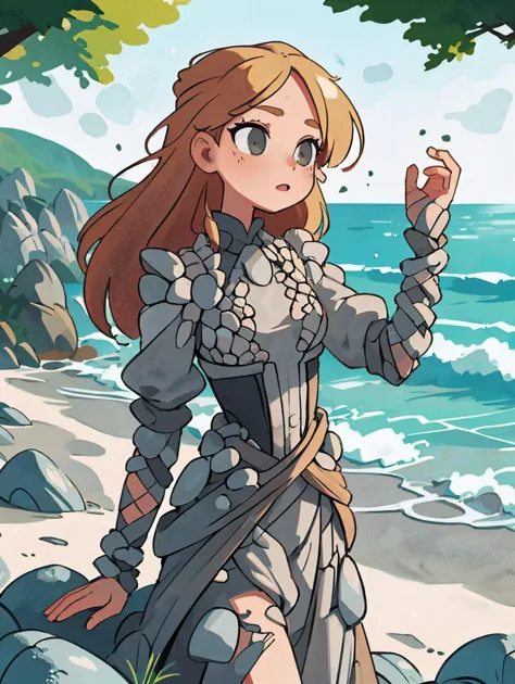 a woman in armor standing on a beach next to the ocean