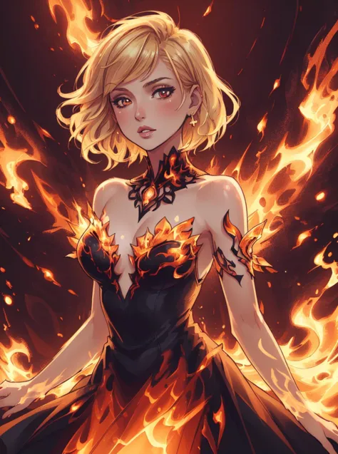 a woman in a dress with flames on her chest