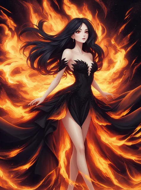 a woman in a black dress is standing in front of a fire