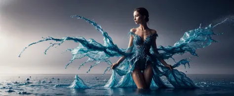 a woman in a blue dress is standing in the water