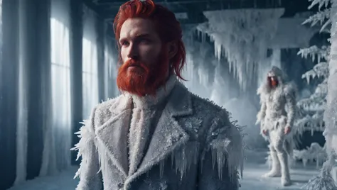 ice king, (1male:1.2), beard, red hair, fantasy clothing made of ice and frost, Icefashion, otherworldly, otherworldly atmospher...