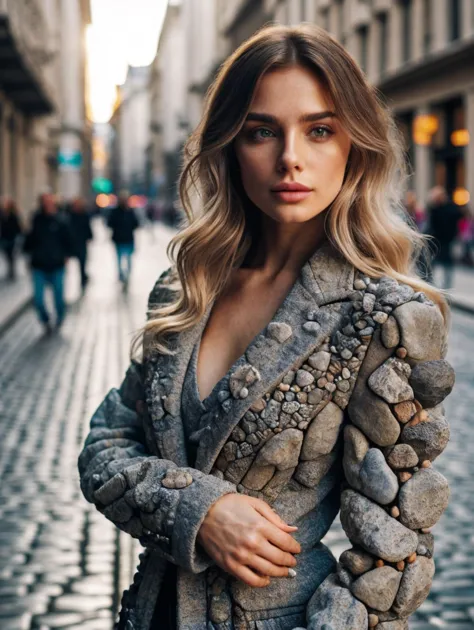 RAW photo, professional posing 1girl, beautiful face, blond long wavy hair, jacket made of rocks and stone, complex winter stree...