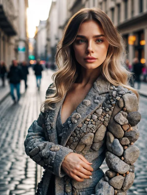 RAW photo, professional posing 1girl, beautiful face, blond long wavy hair, jacket made of rocks and stone, complex winter street background, 8k uhd, dslr, soft lighting, high quality, film grain, Fujifilm XT3, (intricate details:0.9), (hdr, hyperdetailed:1.2)
<lora:StoneFashion:0.65> StoneFashion
<lora:pytorch_lora_weights:0.8>