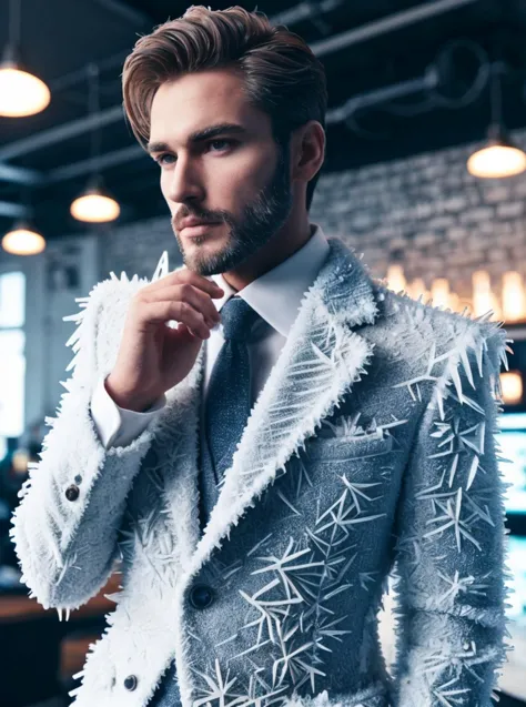 professional photo, (1male:1.2), posing, office suit made of ice and frost, IceFashion, complex coffee shop background
<lora:Ice...