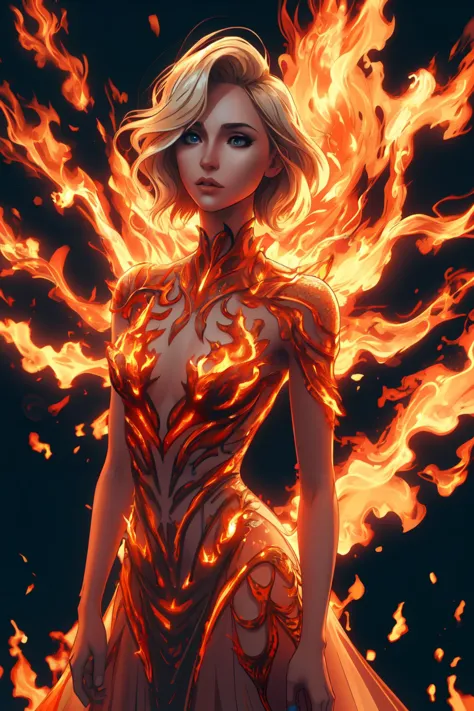 RAW photo, 1girl, short straight blond hair, posing, long dress made of fire and flame, complex park background, <lora:FireFashi...