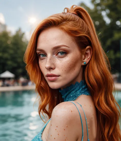 sexy photo of knockout, with 1girl, solo, orange hair, green eyes, long hair, freckles, (pointy ears:1.13), blush, wearing cute ...