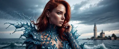 RAW photo, posing 1girl, queen of sea, red hair, (fantasy armor:1.2) made of blue water, water drops, storm, bad weather, thunde...
