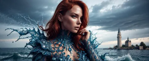 RAW photo, posing 1girl, queen of sea, red hair, (fantasy armor:1.2) made of blue water, water drops, storm, bad weather, thunderstorm, (fantasy medieval storm castle background:1.2), 8k uhd, dslr, soft lighting, high quality, film grain, rich, cinematic color grading, stunning, photorealistic, (intricate details:0.9), (hdr, hyperdetailed:1.2)
 <lora:WaterFashion:0.7> waterfashion