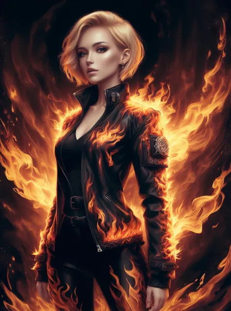 illustartion,digital art,1girl, short straight blond hair, posing, jacket made of fire and flame, complex room background, 
<lor...