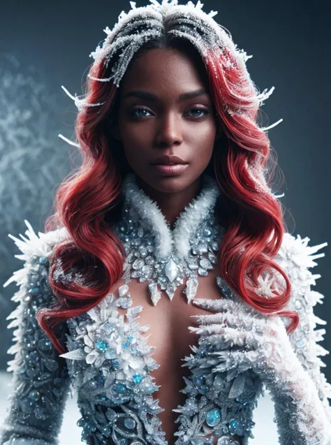 a woman with red hair and a white dress is posing in a snow scene