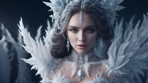 ice queen, 1girl, white hair, fantasy clothing made of ice and frost, Icefashion, otherworldly, otherworldly atmosphere, (comple...