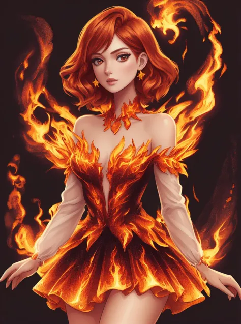 illustartion,digital art,1girl, short straight ginger hair, posing, office outfit made of fire and flame, complex park backgroun...