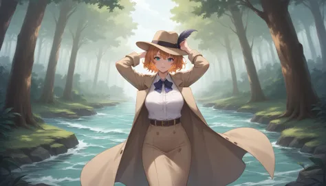 anime girl in a hat and trench coat standing in a forest