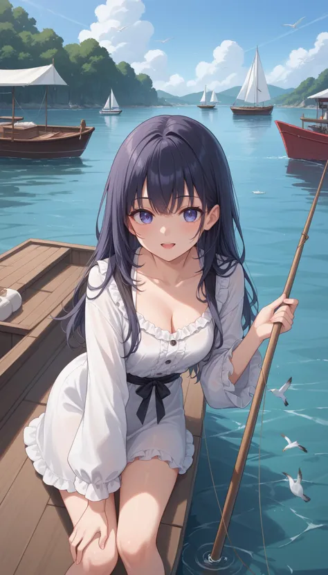 anime girl sitting on a boat with a fishing pole