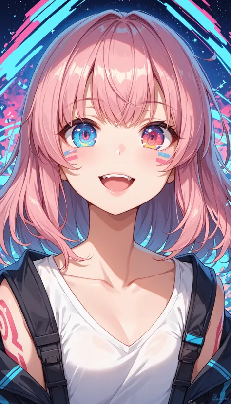 a girl with pink hair and blue eyes standing in front of a neon background