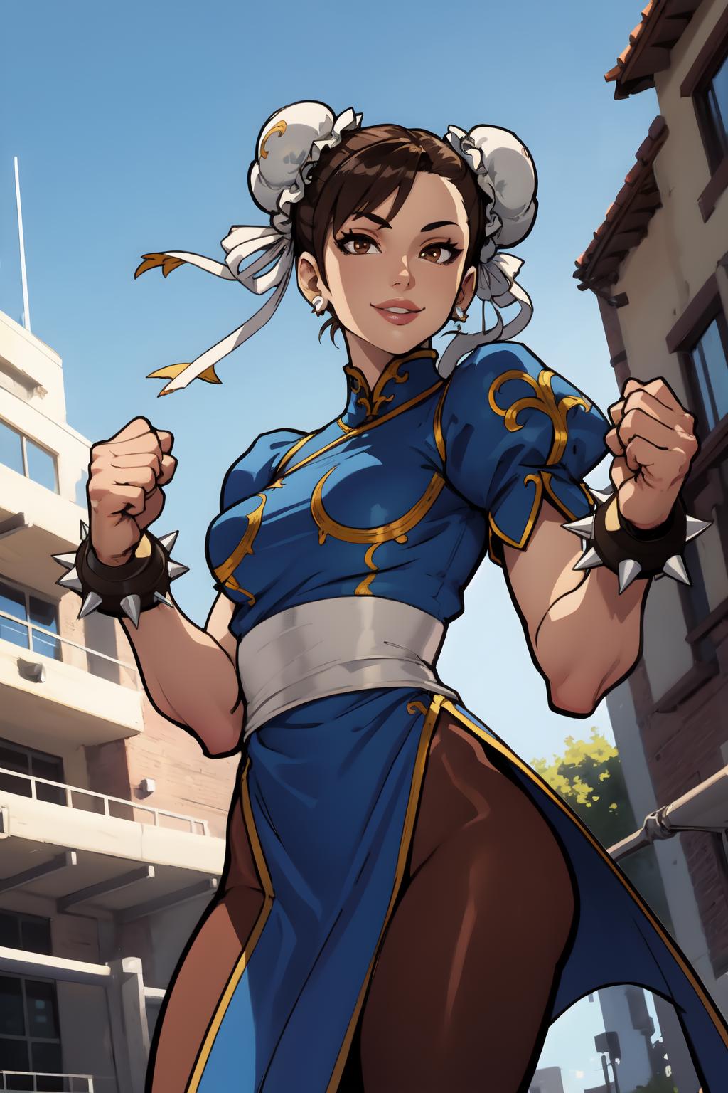 Chun-Li, street fighter,(large breasted:1.5),dynamic poses, fully open the  chest - SeaArt AI