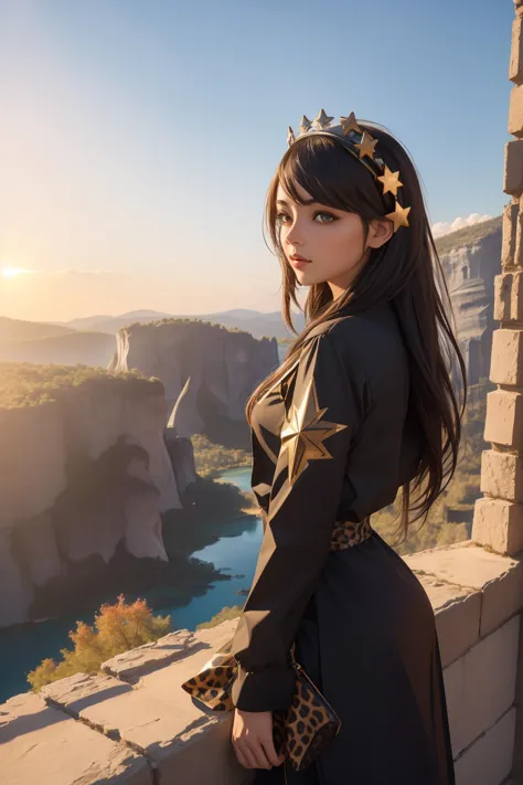 a woman in a black dress and gold star crown standing on a wall