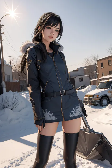 araffe in a short skirt and boots standing in the snow