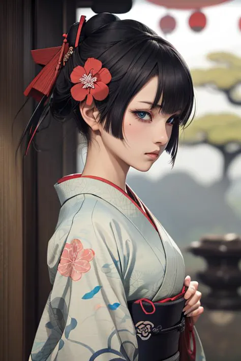 a close up of a woman in a kimono with a cup