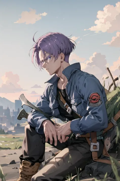 best quality, best quality, TrunksV4, blue eyes, shirt, 1boy, sitting, jacket, weapon, purple hair, male focus, boots, outdoors, sky, belt, pants, sword, blurry, black shirt, looking away, expressionless, grass, serious, denim jacket,  <lora:TrunksV4-10:1>