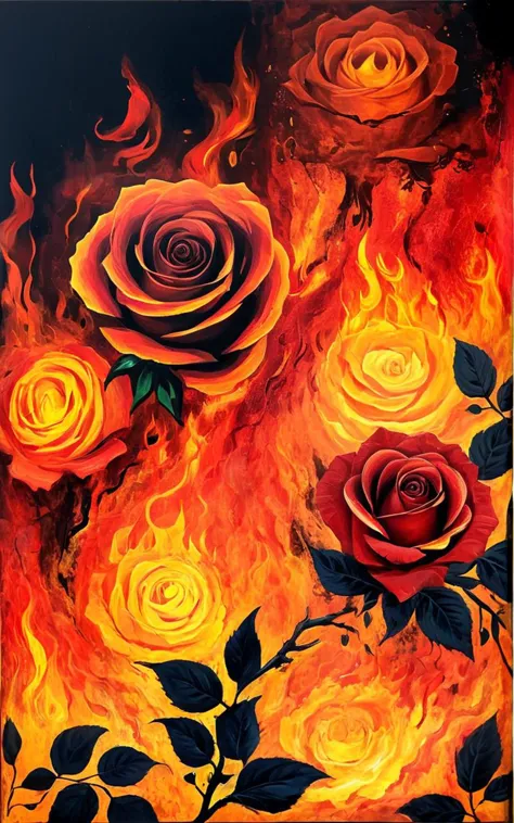 painting of roses on fire with leaves and flames