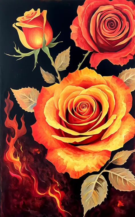 painting of a rose with flames and leaves on a black background