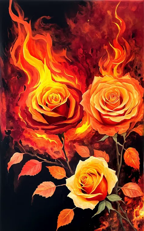 painting of two roses with flames on a black background