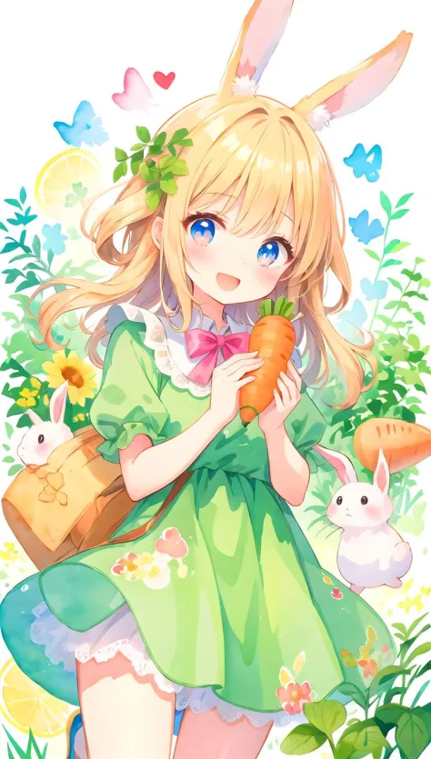 beautiful illustration, best quality, cute girl, (watercolor), rabbit, (carrot:0.8), happy