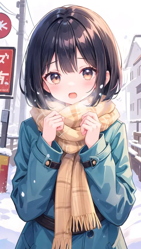 cute girl, winter, coat, scarf, black hair, medium bob, snowing, (open mouth:0.5), (brown eyes:0.5), upper body,