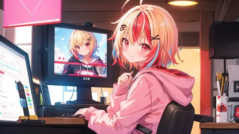 1girl, solo, blonde hair, hood, smile, keyboard (computer), sitting,
(( FPS game PC display.))
(blonde hair),lacquer red hair,((...