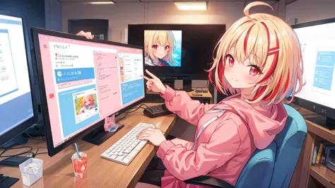 1girl, solo, blonde hair, hood, smile, keyboard (computer), sitting,
(( FPS game PC display.))
(blonde hair),lacquer red hair,((streaked hair)),short cut,ahoge,multicolored hair
hoodie, looking at viewer, , chair, desk, monitor, breasts, red eyes, indoors,, skirt, phone, virtual youtuber, short hair, blush, large breasts, long sleeves, bangs, pink hoodie, hair ornament,closed mouth, office chair, jacket, looking back, hood down,from side,