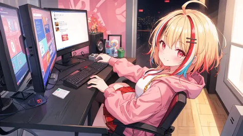 1girl, solo, blonde hair, hood, smile, keyboard (computer), sitting,
(( FPS game PC display.))
(blonde hair),lacquer red hair,((streaked hair)),short cut,ahoge,multicolored hair
hoodie, looking at viewer, , chair, desk, monitor, breasts, red eyes, indoors,, skirt, phone, virtual youtuber, short hair, blush, large breasts, long sleeves, bangs, pink hoodie, hair ornament,closed mouth, office chair, jacket, looking back, hood down,from side,