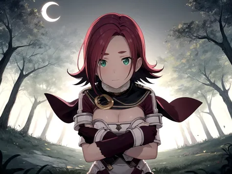 anime girl with red hair and green eyes standing in a forest